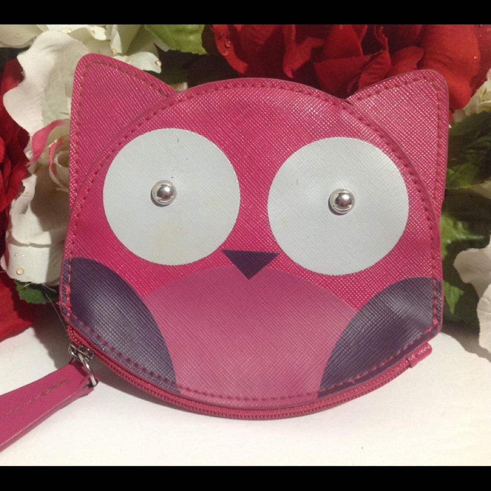 Owl Face Coin Purse Pink Faux Leather Zip Closure